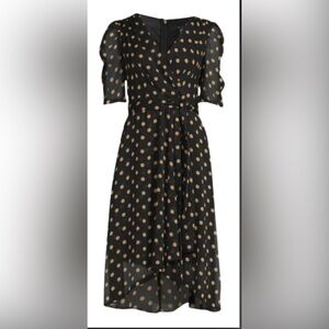 Tommy Hilfiger Black and Tan Polka Dot Faux Wrap Chiffon Dress with Sleeves